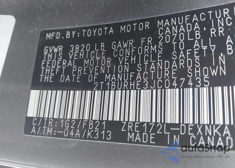 2018 Toyota Corolla Le from USA, damaged, VIN 2T1BURHE3JC047435